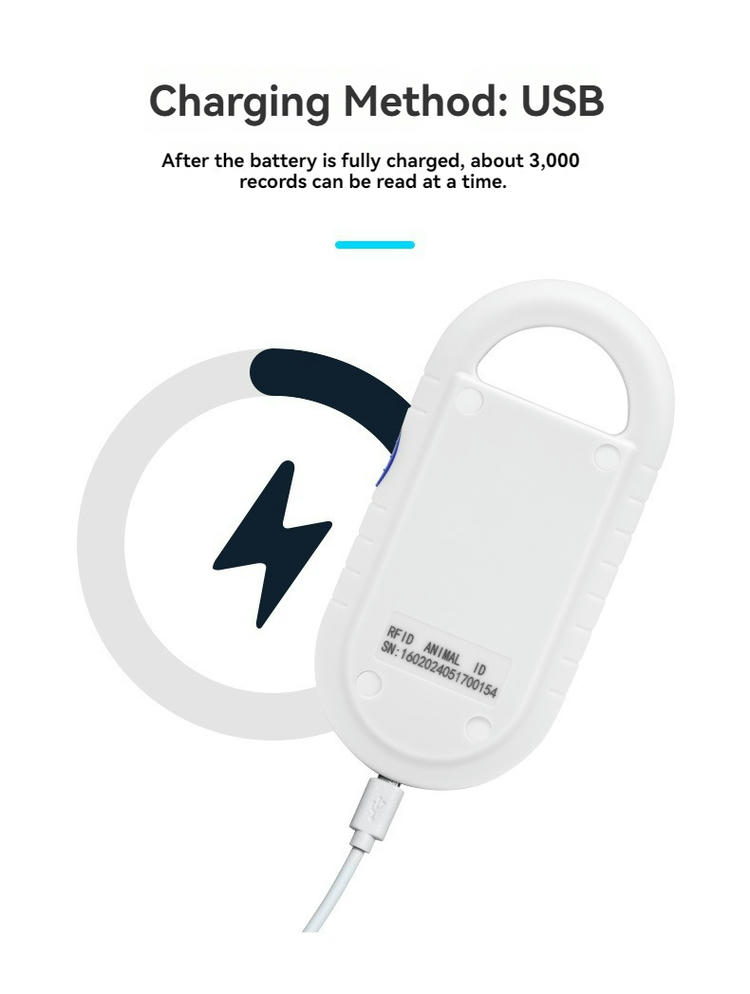 Grafika USB punjenja prikazuje priključen PT160 134.2kHz LF RFID čitač i napomene da se po punjenju može pročitati 3000 zapisa.