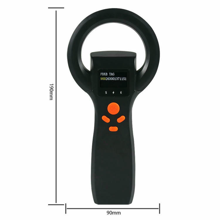 LF RFID čitač čipova za životinje TS-L401 od 134.2kHz prikazan je sa oznakama dimenzija 190mm × 90mm kao referenca za veličinu ručnog uređaja.