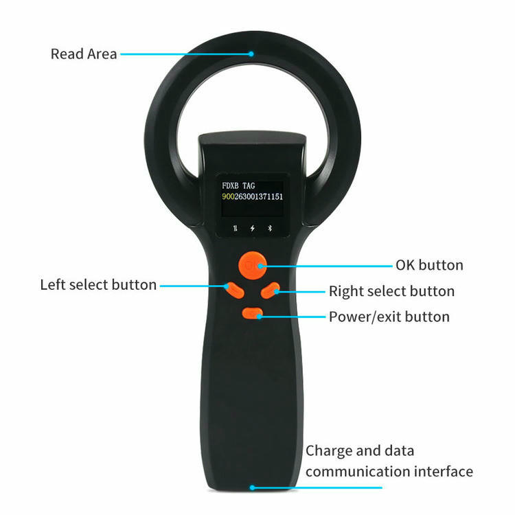Dijagram prednjeg pogleda na LF RFID čitač čipova za životinje TS-L401 od 134.2kHz označava područje očitavanja i dugmad i interfejs za punjenje i podatke.