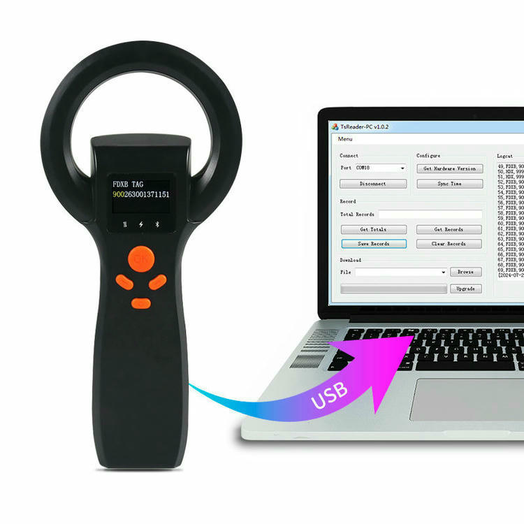 LF RFID čitač čipova za životinje TS-L401 od 134.2kHz povezuje se sa laptopom preko USB-a radi preuzimanja podataka pomoću softvera za komunikaciju sa računarom.