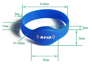 G01 D60 tabela veličina silikonske RFID narukvice koja prikazuje ovalnu površinu oznake i dimenzije trake za naleganje na ručni zglob odraslih u sistemima kontrole pristupa