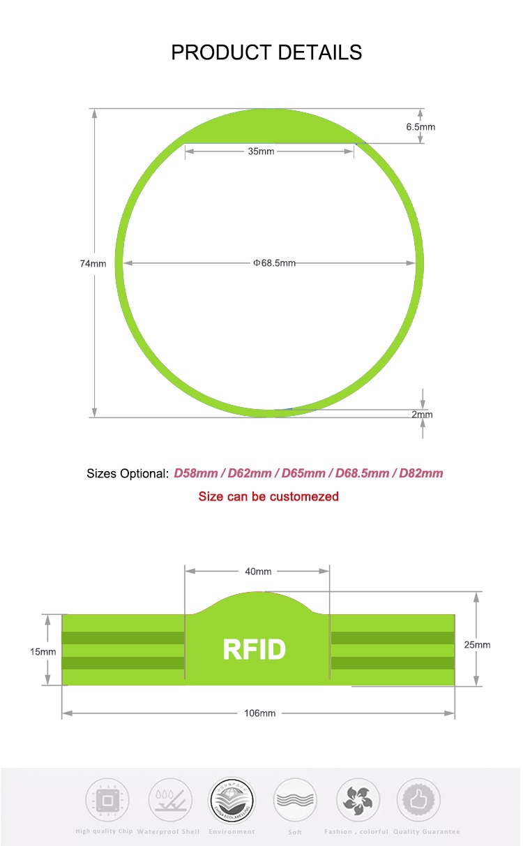 Šema veličina silikonske RFID narukvice G04 prikazuje opcione prečnike i ključne dimenzije koje vam pomažu da izaberete odgovarajuću veličinu za identifikaciju osoblja.