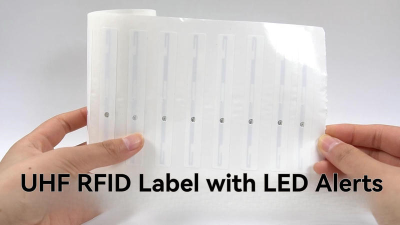Dve ruke drže providni list UHF RFID etiketa sa LED upozorenjima kako bi prikazale fleksibilan raspored etiketa.