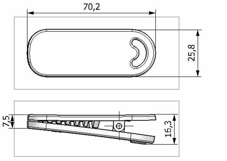 Ova slika prikazuje tehnički crtež SV-014 RFID clip taga sa prednjim i bočnim dimenzijama označenim kao 70.2 x 25.8 x 16.3 mm.