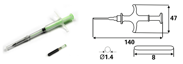 Dijagram prikazuje veličinu G-103 RFID mikročipa D1.4x8 mm i veličinu šprica 140x47 mm za terenski rad implantacije.