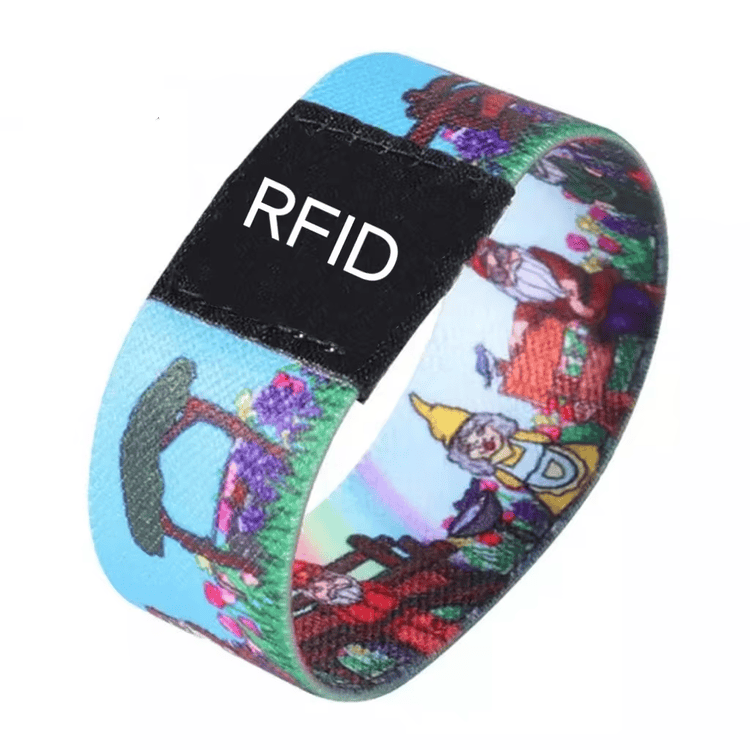 Elastične RFID narukvice za bezgotovinsko plaćanje prikazane iz perspektive providne završne obrade materijala za primene Elastičnih RFID narukvica.