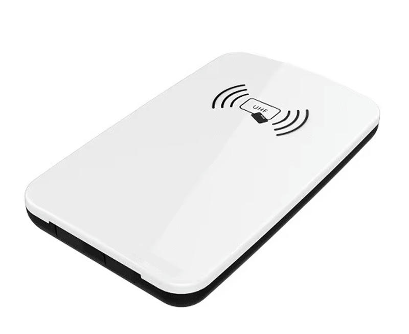 Gornja perspektiva JT-R1563 HF RFID stonog čitača koja prikazuje glatku belu površinu i ikonu beskontaktne antene.