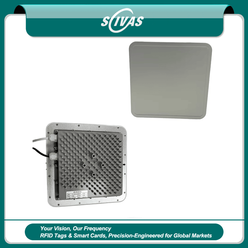 Prednji pogled na beli integrisani UHF RFID čitač ZK-RFID109R sa ugrađenom antenom velikog pojačanja od 9dbi.