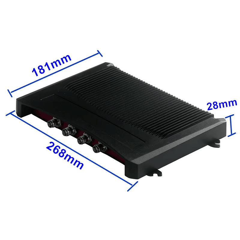Slika proizvoda pod uglom prikazuje kompaktno kućište ZK-RFID407 sa plavim oznakama dimenzija za dužinu, širinu i debljinu.