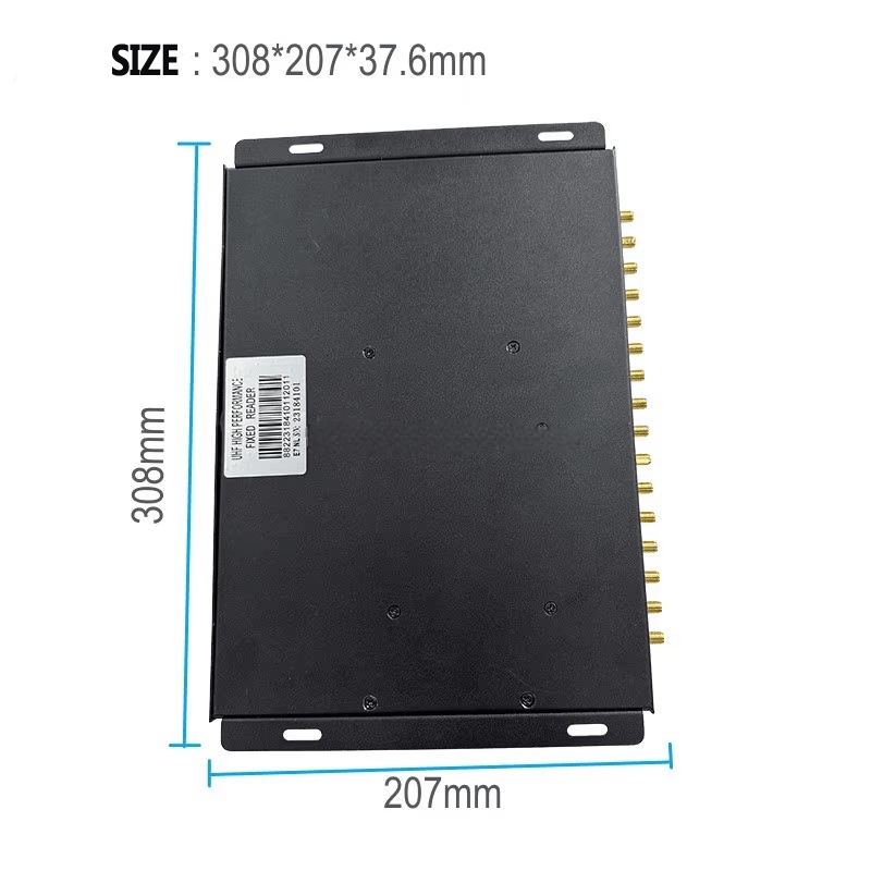 Ova slika prikazuje ZK-RFID1601 UHF fiksni čitač sa plavim oznakama veličine i štampanim dimenzijama 308 x 207 x 37,6 mm.