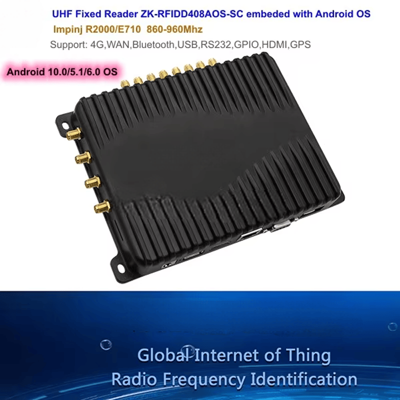Grafički prikaz proizvoda predstavlja ZK-RFID408AOS-SC sa ugrađenim Android OS-om i ističe 4G WAN Bluetooth USB RS232 GPIO i GPS.