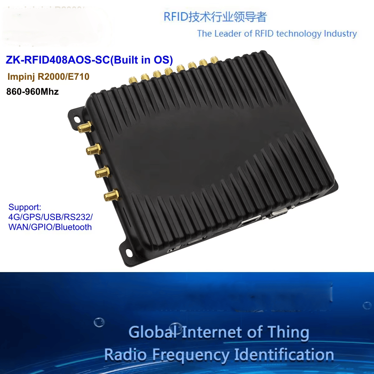 Promotivna grafika prikazuje čitač ZK-RFID408AOS-SC sa ugrađenim operativnim sistemom i podrškom za Impinj R2000 E710 i 860 do 960 MHz.