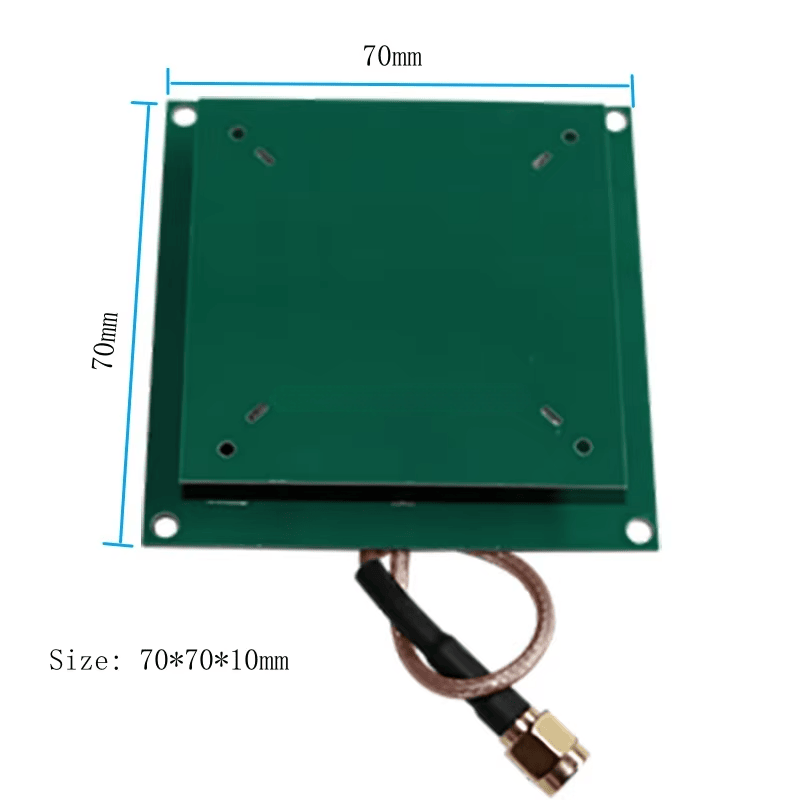 Ova slika prikazuje pasivnu UHF RFID antenu ZK-ANT7070 sa oznakama dimenzija koje ističu njen kvadratni format od 70 puta 70 milimetara.