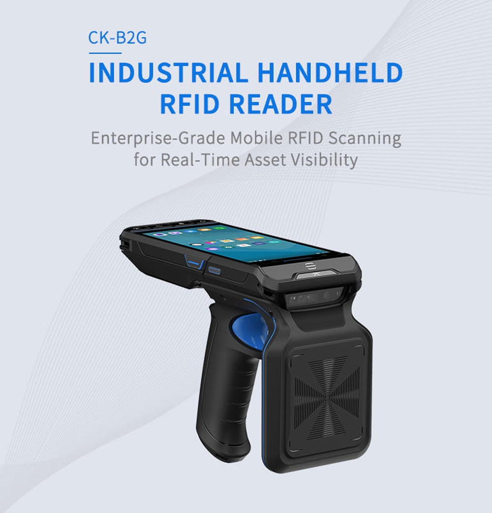 Tehnički dijagram ZK-RFID CK-B2G koji prikazuje dimenzije proizvoda i ergonomski dizajn pištoljskog rukohvata za udoban rad.