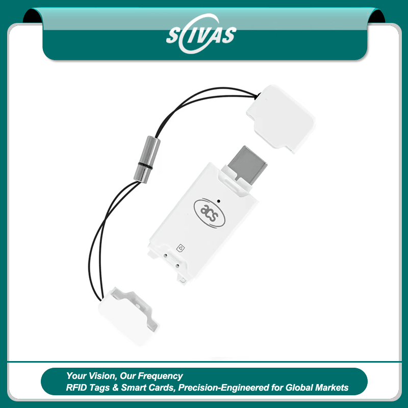 Čitač SIM kartica u obliku dugmeta ACR40T prikazan je na uokvirenom baneru s poklopcem USB utikača i vezicom i odvojivim kliznim delovima.