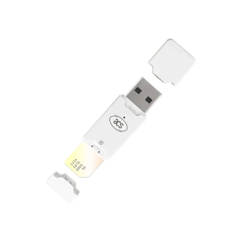 ACR40T čitač SIM kartica u obliku dugmeta je prikazan sa otvorenim ležištem za karticu SIM veličine i izloženim USB Type-A konektorom spremnim za upotrebu.