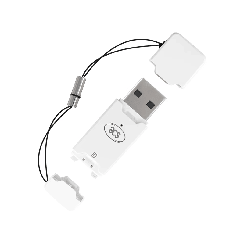 Čitač SIM kartica u obliku dugmeta ACR40T prikazan je s otkrivenim priključkom USB Type-A pored poklopca i vezice.