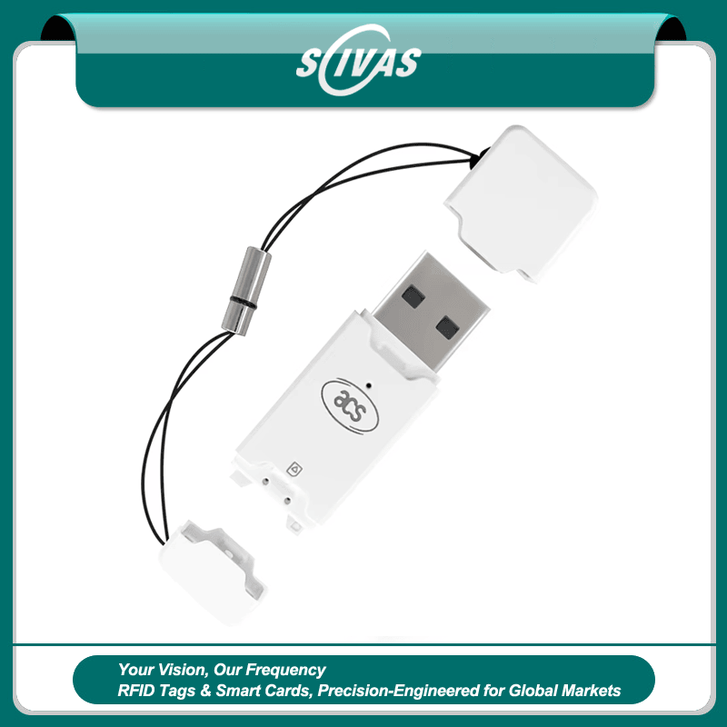 Čitač pametnih kartica veličine SIM kartice ACR40T prikazan je na uokvirenom baneru s poklopcem na vezici i kompaktnim belim USB telom.