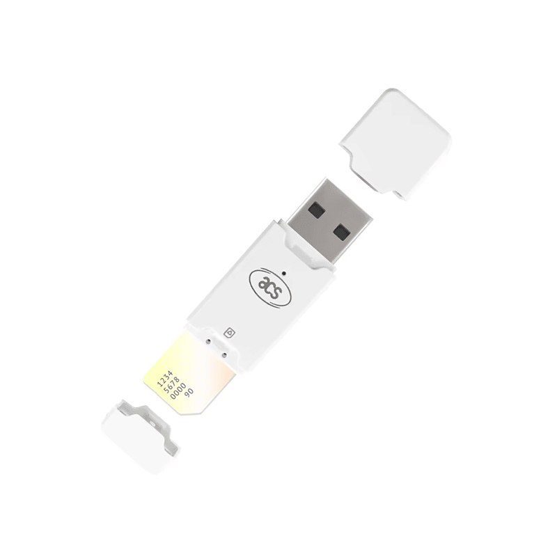 Čitač pametnih kartica veličine SIM kartice ACR40T prikazan je s utikačem USB Type-A i umetnutom SIM karticom za direktnu autentifikaciju na stonom računaru.