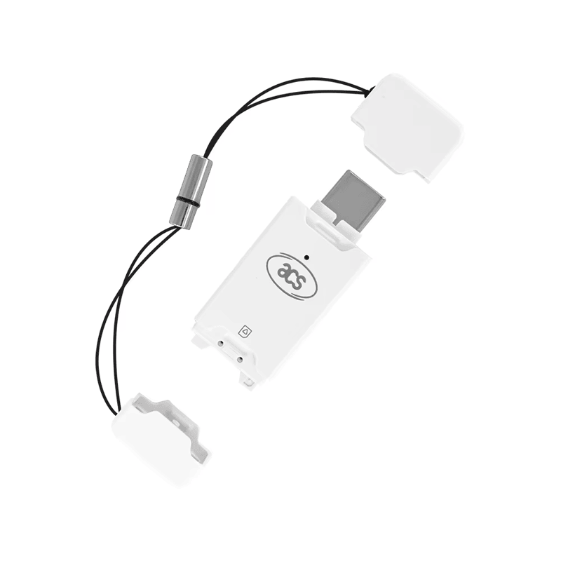 Čitač pametnih kartica veličine SIM kartice ACR40T predstavljen je sa zaštitnim poklopcem priključka USB Type-C i vezicom za kompaktno savremeno povezivanje.