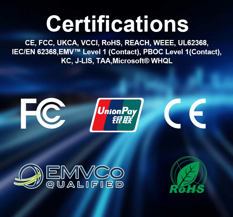 Grafički prikaz certifikata ACR40U čitača kontaktnih pametnih kartica prikazuje FCC, CE, EMVCo, RoHS i druge oznake usklađenosti.