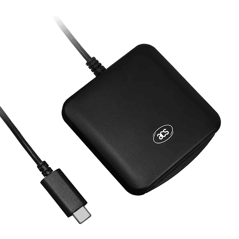 ACR39U čitač pametnih kartica je prikazan sa USB Type C konektorom pored uređaja kako bi se istakla alternativna povezanost sa hostom.