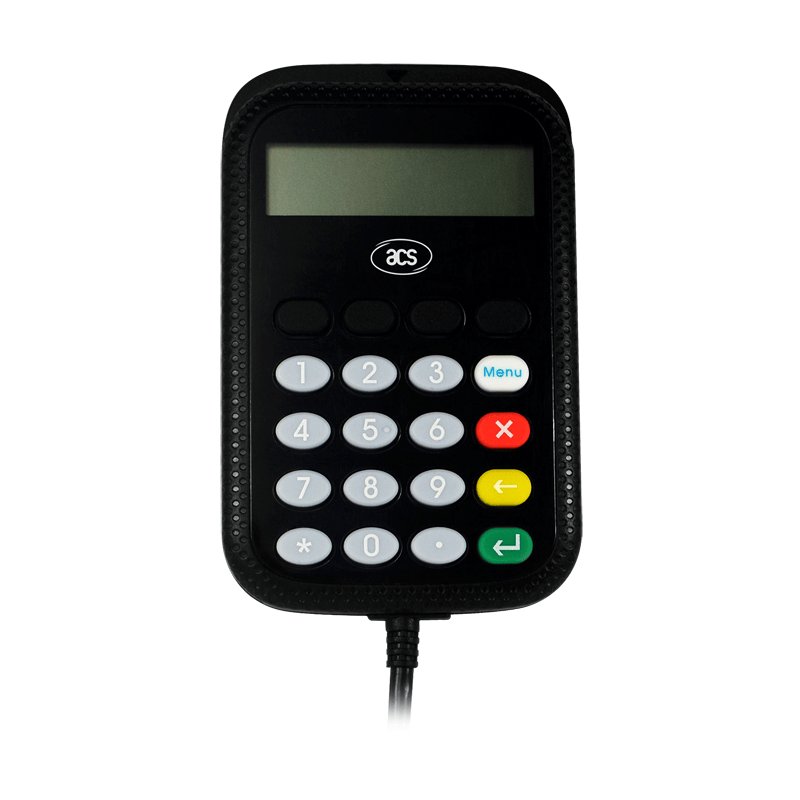 APG8201-B2 čitač pametnih kartica sa PIN tastaturom prikazan je u čistom snimku proizvoda sa vidljivim dugmićima na ekranu i tasterima u boji.