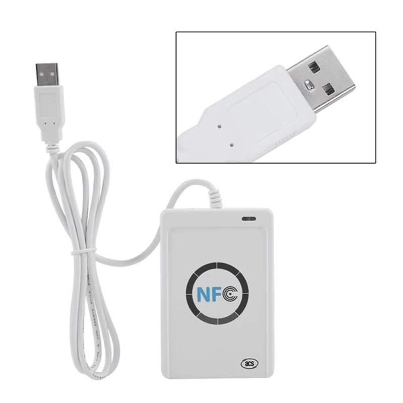 Ovaj tehnički dijagram prikazuje tačne fizičke dimenzije acr122u nfc čitača kako bi se osiguralo da se uklopi u specijalizovane kioske ili sisteme.