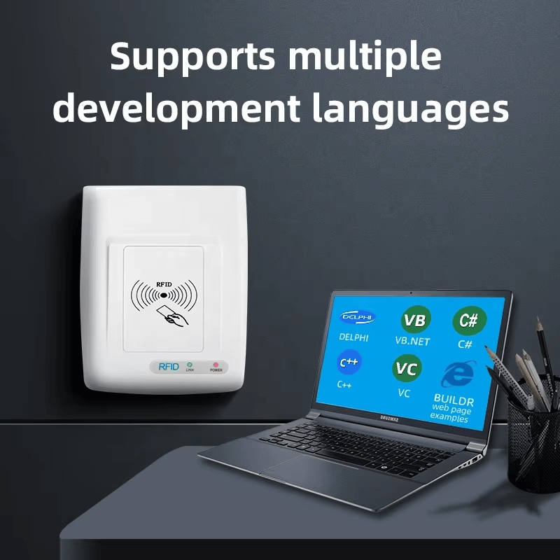 Ovaj prizor prikazuje HF RFID čitač RC200U pored laptopa i ukazuje na podršku za više programskih jezika i SDK integraciju.