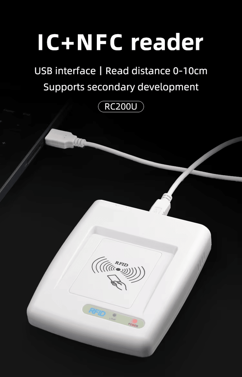 Ovaj poster predstavlja RC200U IC i NFC čitač sa USB interfejsom i kratkim dometom čitanja za svakodnevne operacije sa karticama.