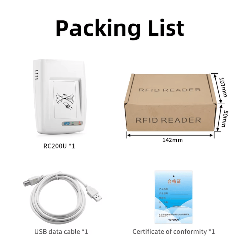 Ova slika pakovanja prikazuje RC200U HF RFID čitač sa maloprodajnom kutijom, USB kablom za prenos podataka i sertifikatom o usaglašenosti za isporuku.