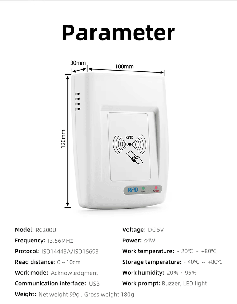 Ovaj grafikon parametara prikazuje dimenzije RC200U HF RFID čitača i ključne specifikacije kao što su USB interfejs, frekvencija 13.56MHz i napajanje.