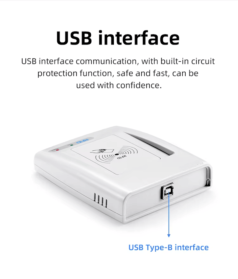 Ovaj dijagram prikazuje USB interfejs RC200U HF RFID čitača sa strelicom koja pokazuje na Type B konektor za brzo podešavanje.