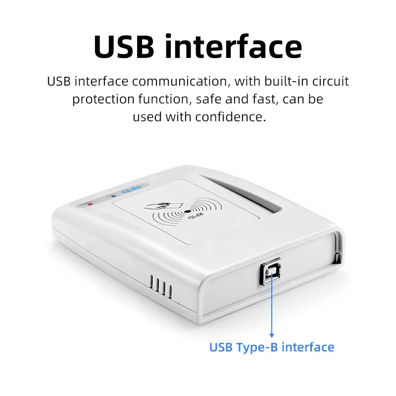 Ova slika ističe bočni USB Type B port HF RFID čitača RC200U za stabilnu žičanu vezu sa glavnim računarom.