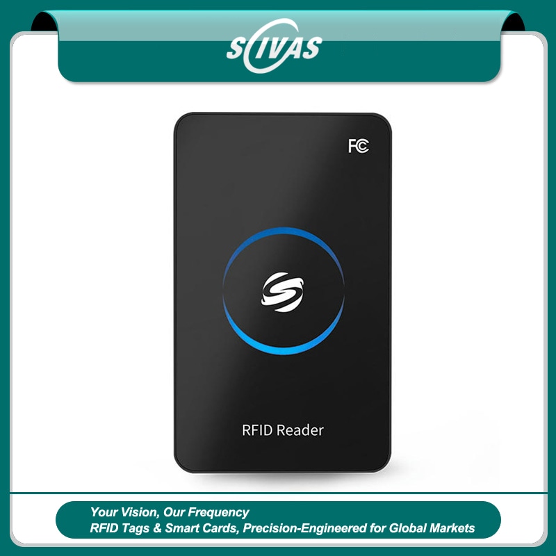 Slika prikazuje W8093 13.56MHz HF RFID čitač sa logotipom u obliku plavog prstena i tekstom RFID Reader na crnoj prednjoj ploči.