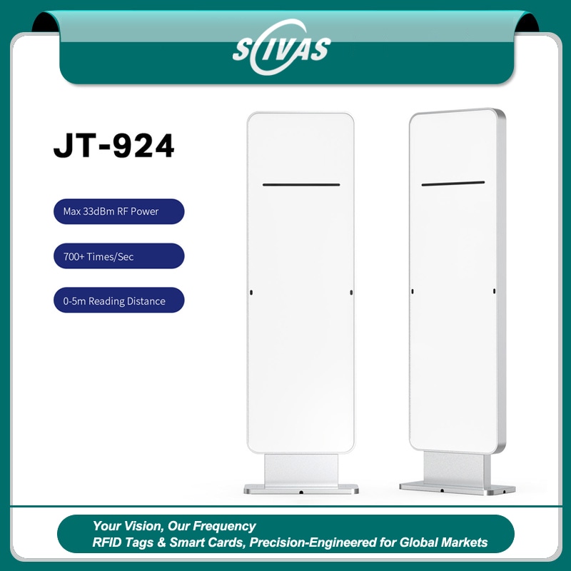 Minimalistički beli UHF RFID portalni čitač JT-924 bez ekrana namenjen je automatizovanom ulazu u biblioteku i kontroli procesa.