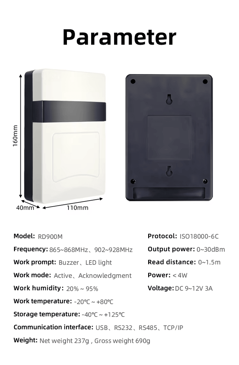 Grafika tehničkih specifikacija koja potvrđuje da RD900M serija podržava ISO 18000-6C protokol za globalne UHF RFID standarde.