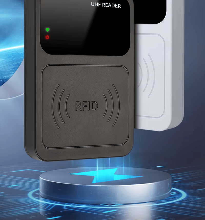 Prednji prikaz stonog RFID čitača UHF160 serije sa jasnim LED indikatorom i zujalicom za povratnu informaciju o uspešnom skeniranju oznake.