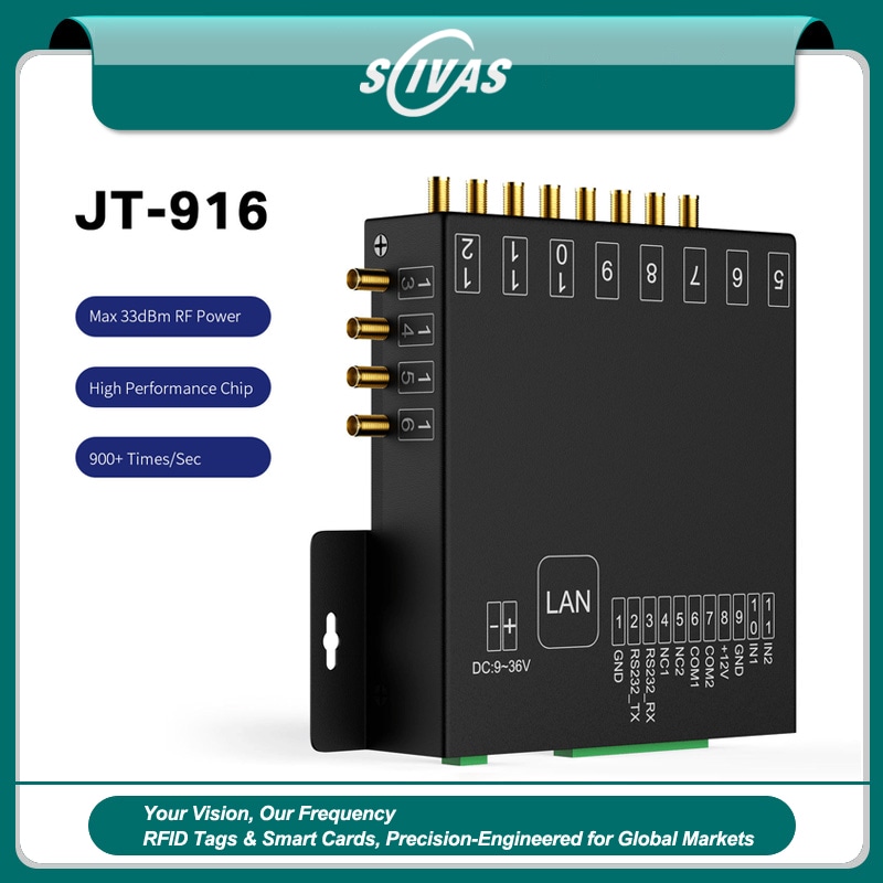 Fiksni UHF RFID čitač JT-916 prikazan je u SCIVAS brendiranom dizajnu s više antenskih portova i oznakama prednjih interfejsa.