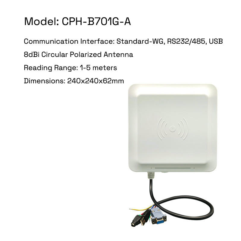 CPH-B701G-A UHF RFID čitač je prikazan sa svojom 8dBi kružno polarizovanom antenom koja omogućava pouzdano čitanje tagova u prepunim maloprodajnim prostorima.