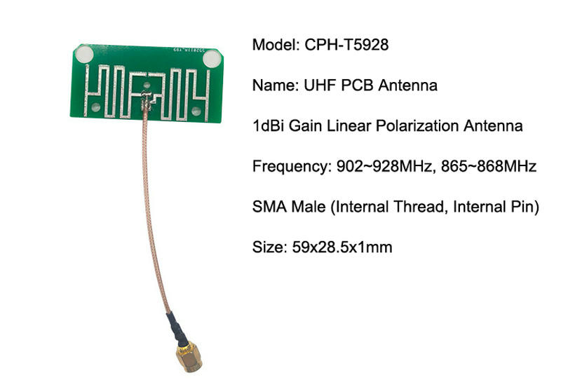 Specifikacijska kartica prikazuje CPH-T5928 PCB antenu sa linearnom polarizacijom i SMA kablom koji izlazi sa strane.