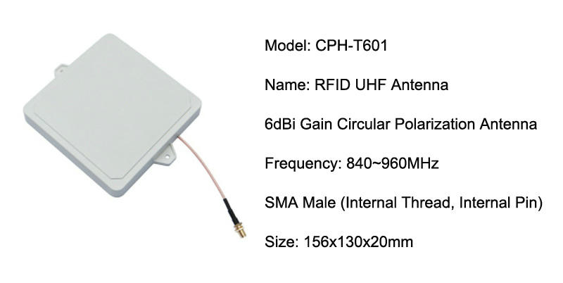 Specifikacijska kartica prikazuje CPH-T601 RFID UHF antenu sa pojačanjem od 6dBi i kompaktnim kvadratnim kućištem.