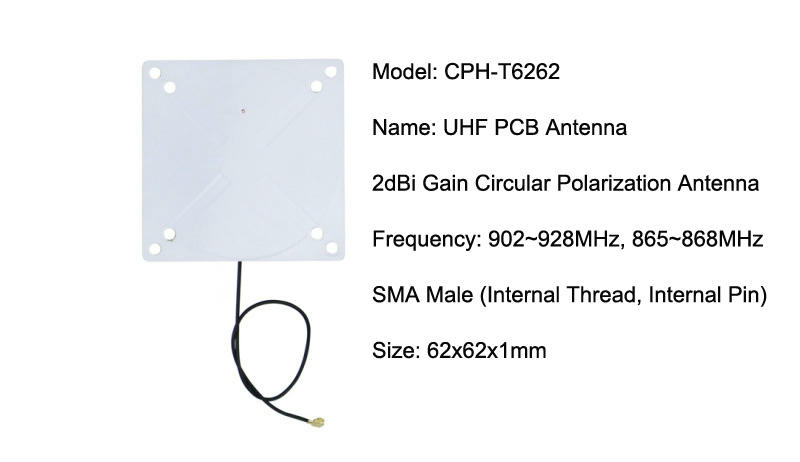 Specifikacijska kartica prikazuje CPH-T6262 PCB antenu sa kružnom polarizacijom od 2dBi i tankim kvadratnim profilom.