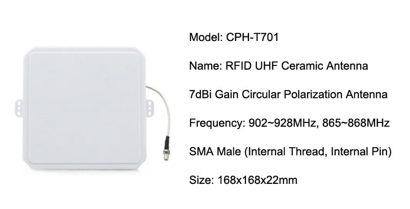 Specifikacijska kartica prikazuje CPH-T701 keramičku panel antenu sa pojačanjem od 7dBi i bočnim montažnim jezičcima.
