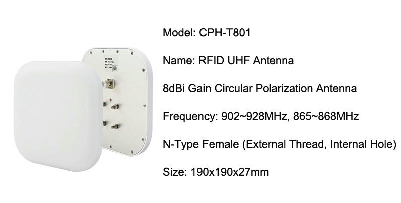 Specifikacijska kartica prikazuje CPH-T801 UHF antenu sa N tip ženskim konektorom i prikazom zadnjeg hardvera.