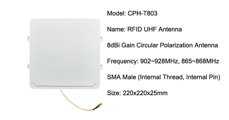 Specifikacijska kartica prikazuje CPH-T803 UHF panel antenu sa kružnom polarizacijom od 8dBi i bočnim jezičcima.