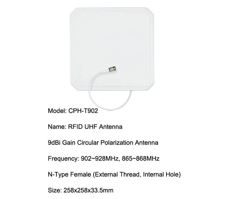 Specifikacijska kartica prikazuje CPH-T902 UHF antenu sa pojačanjem od 9dBi i centralnim izlazom kabla na prednjoj strani.
