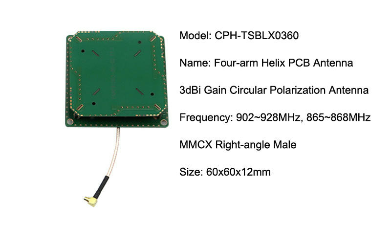 Specifikacijska kartica prikazuje CPH-TSBLX0360 četvorokraku heliks PCB antenu sa MMCX konektorom pod uglom.