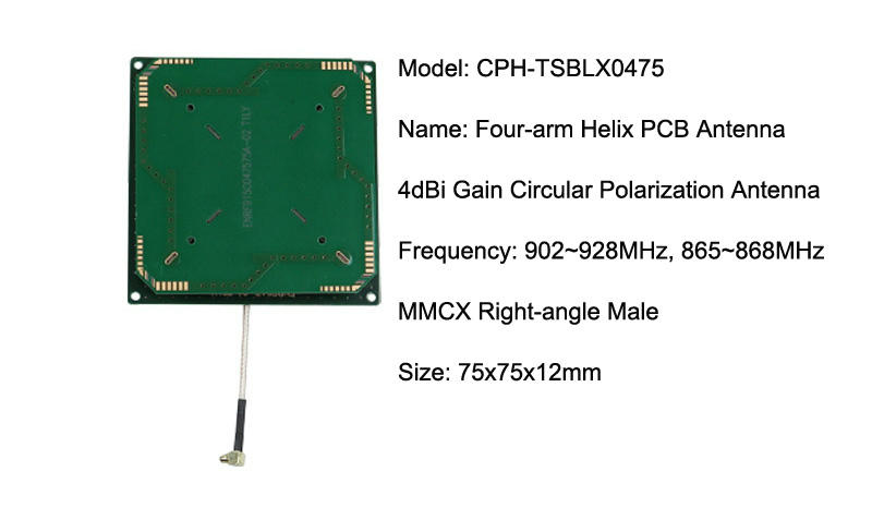 Specifikacijska kartica prikazuje CPH-TSBLX0475 četvorokraku heliks PCB antenu sa kružnom polarizacijom od 4dBi.