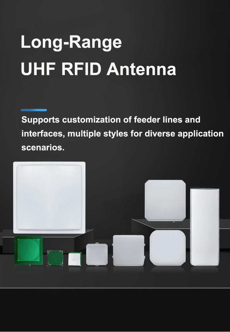 Promotivni poster prikazuje više stilova UHF RFID antena dugog dometa za različite sisteme praćenja imovine i čitača.